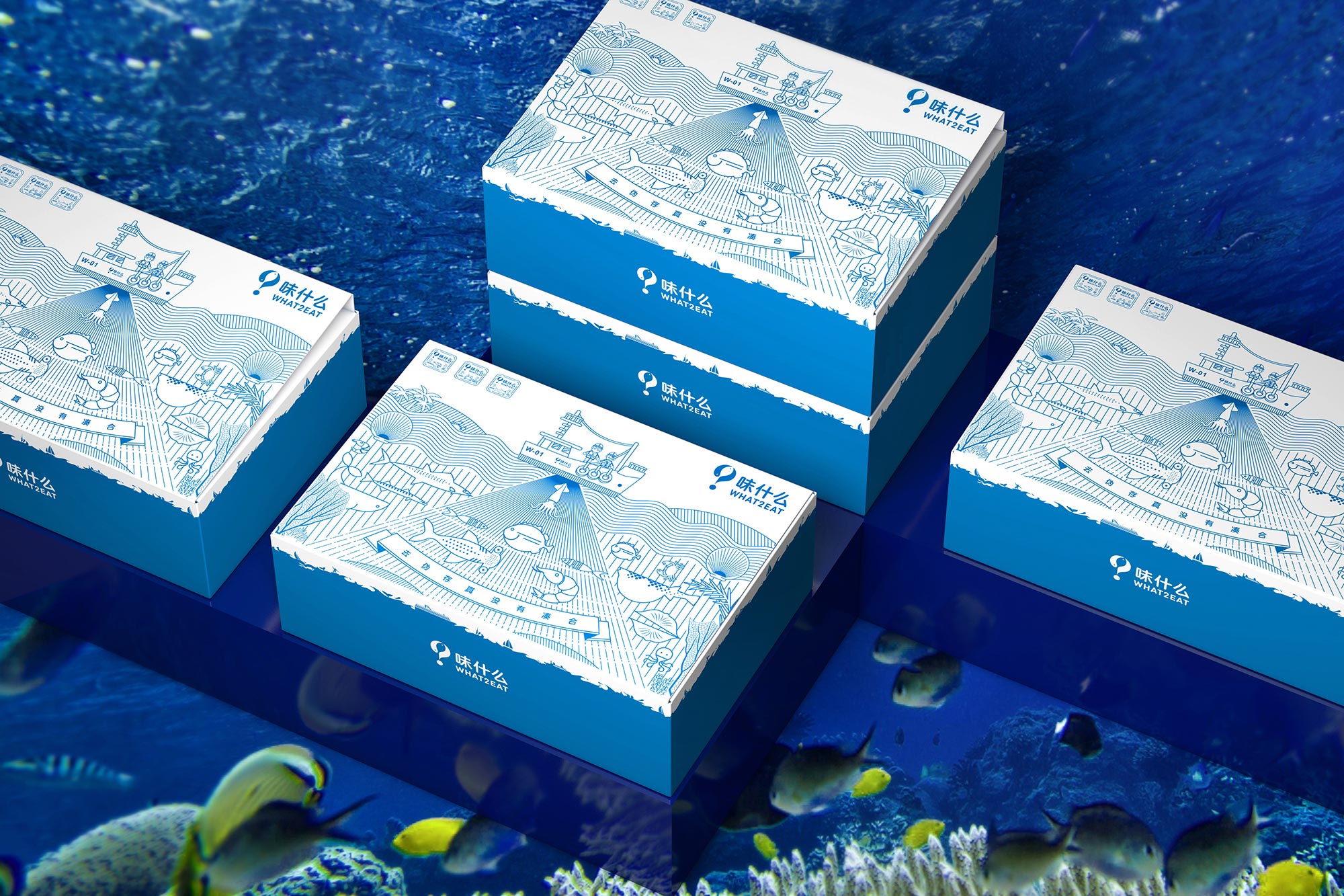 并运用了海洋箱子的概念,包装盒的四周是色彩纯净饱满的海洋蓝,整体是