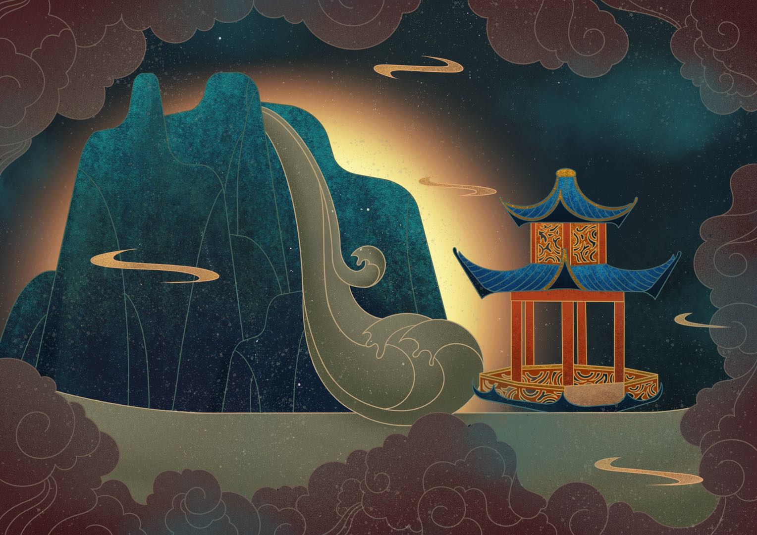 选取了温州旅游景点:雁荡山,江心屿,楠溪江的一些特色建筑整合的插画