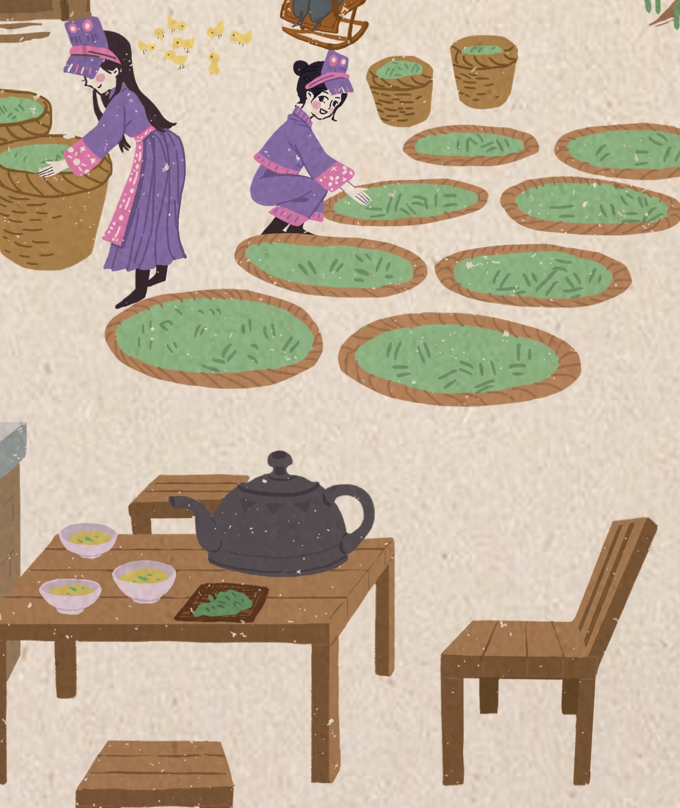 普洱茶文化插画采茶杀青品茶运茶