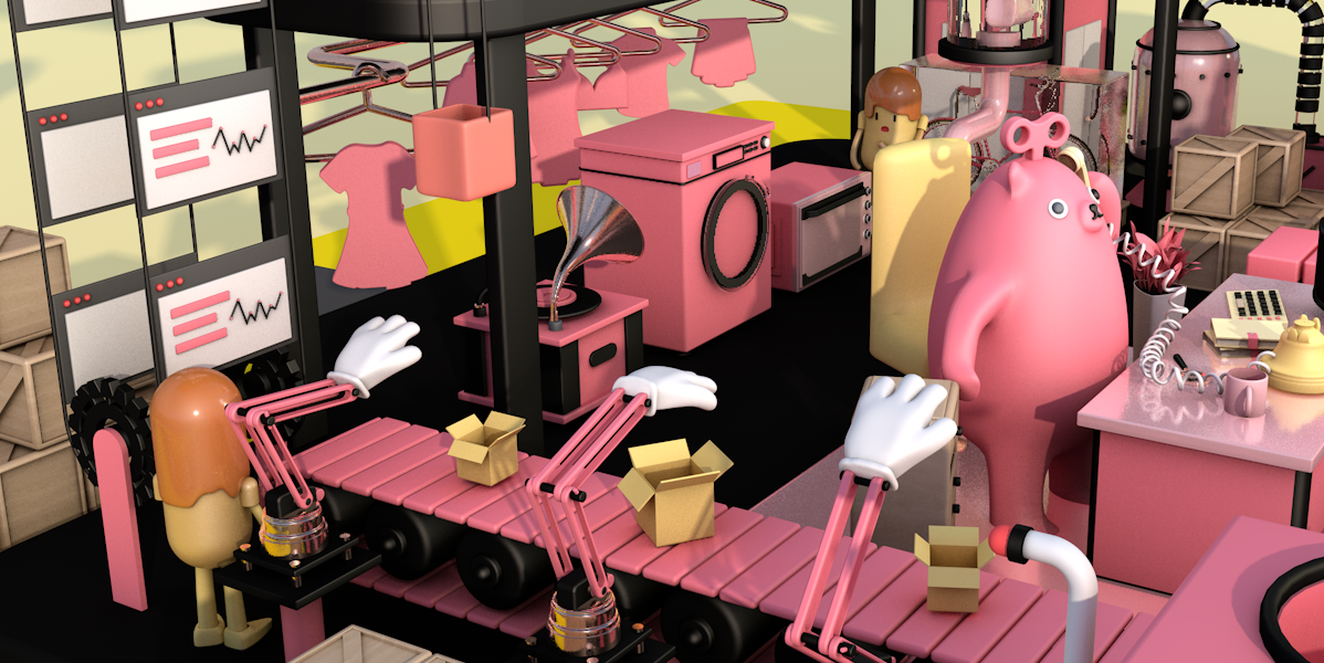 c4d作品卡通小场景流水线工厂