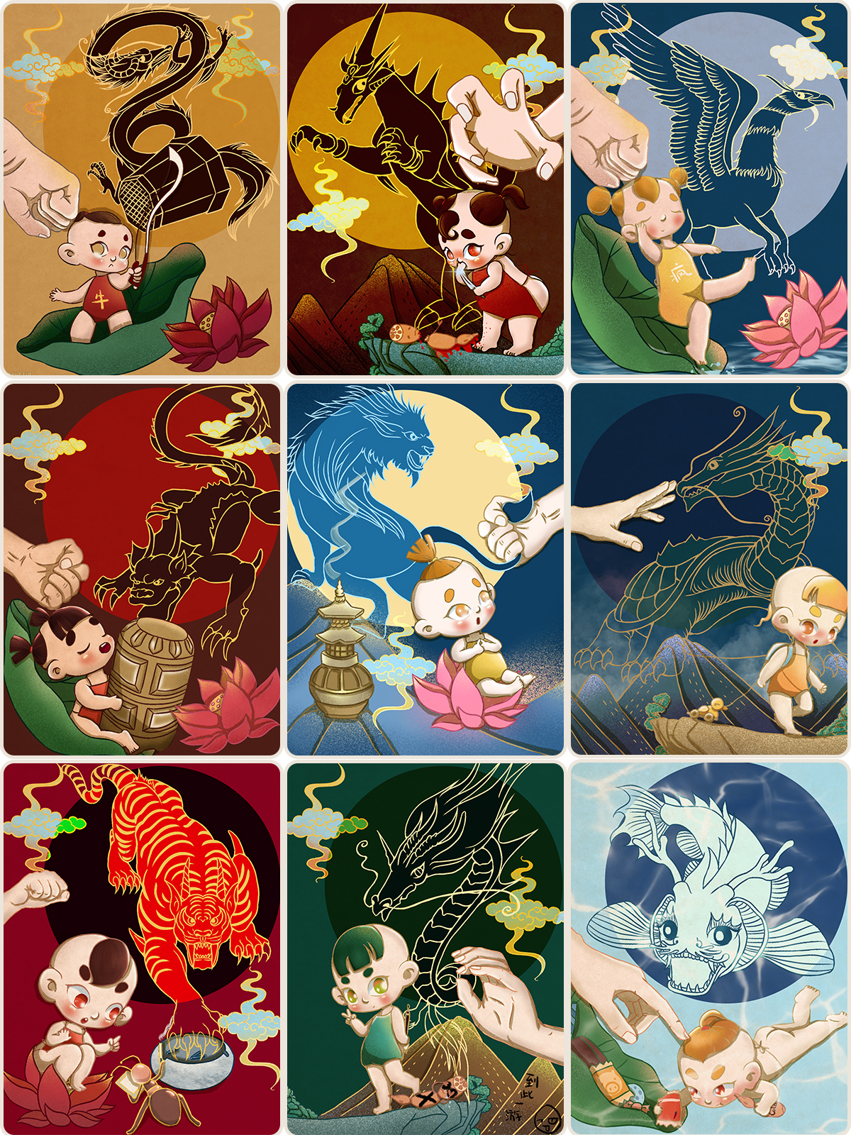 家有神兽之龙生九子q版年娃国潮卡通系列插画